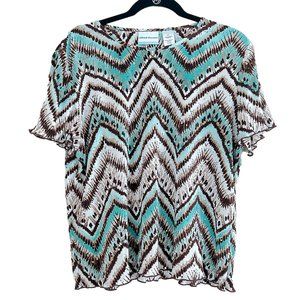 Alfred Dunner Teal and Brown Petite Large Short Sleeved Blouse